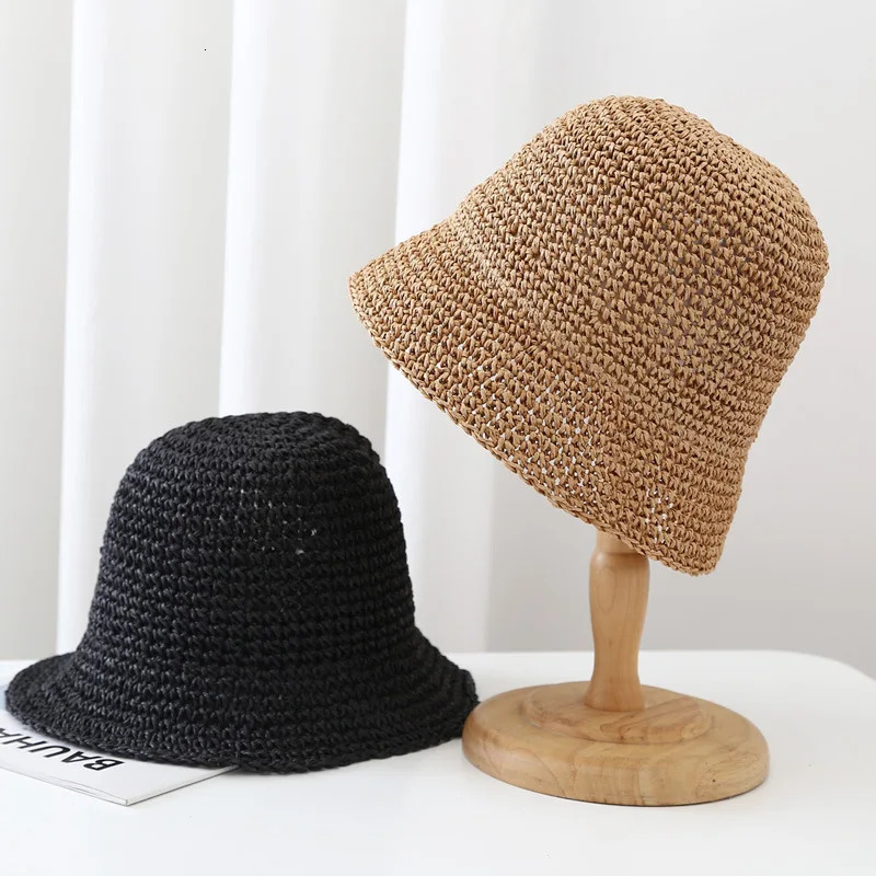 Simple Solid Handmade Crochet Bucket Hat For Women Outdoor Summer Sunshade Breathable Japan Style Paper Straw Fisherman Cap 251029