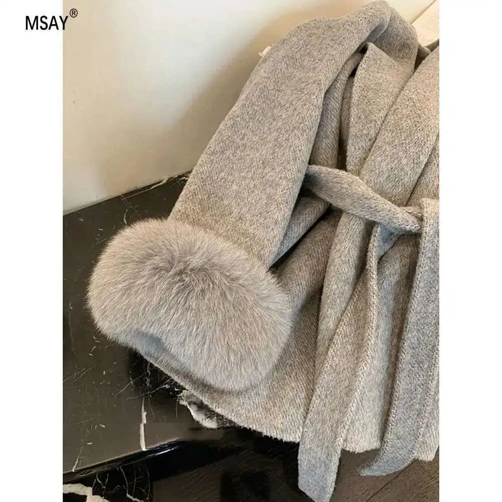 Womens Autumn And Winter Versatile Tweed Cape Coat Belt Models Highlevel Sense of Fox Fur Cuffs Blends Coat for Women 251029