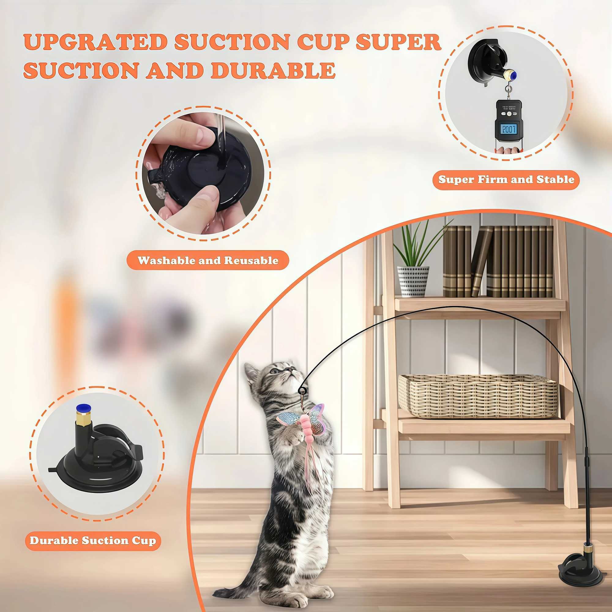 Cat Teaser Toy Cat Teaser Pole With Feather Bell Extended Rod Suction Cup Durable Bite Teaser Stick Replaceable Feather Head S251029{category}