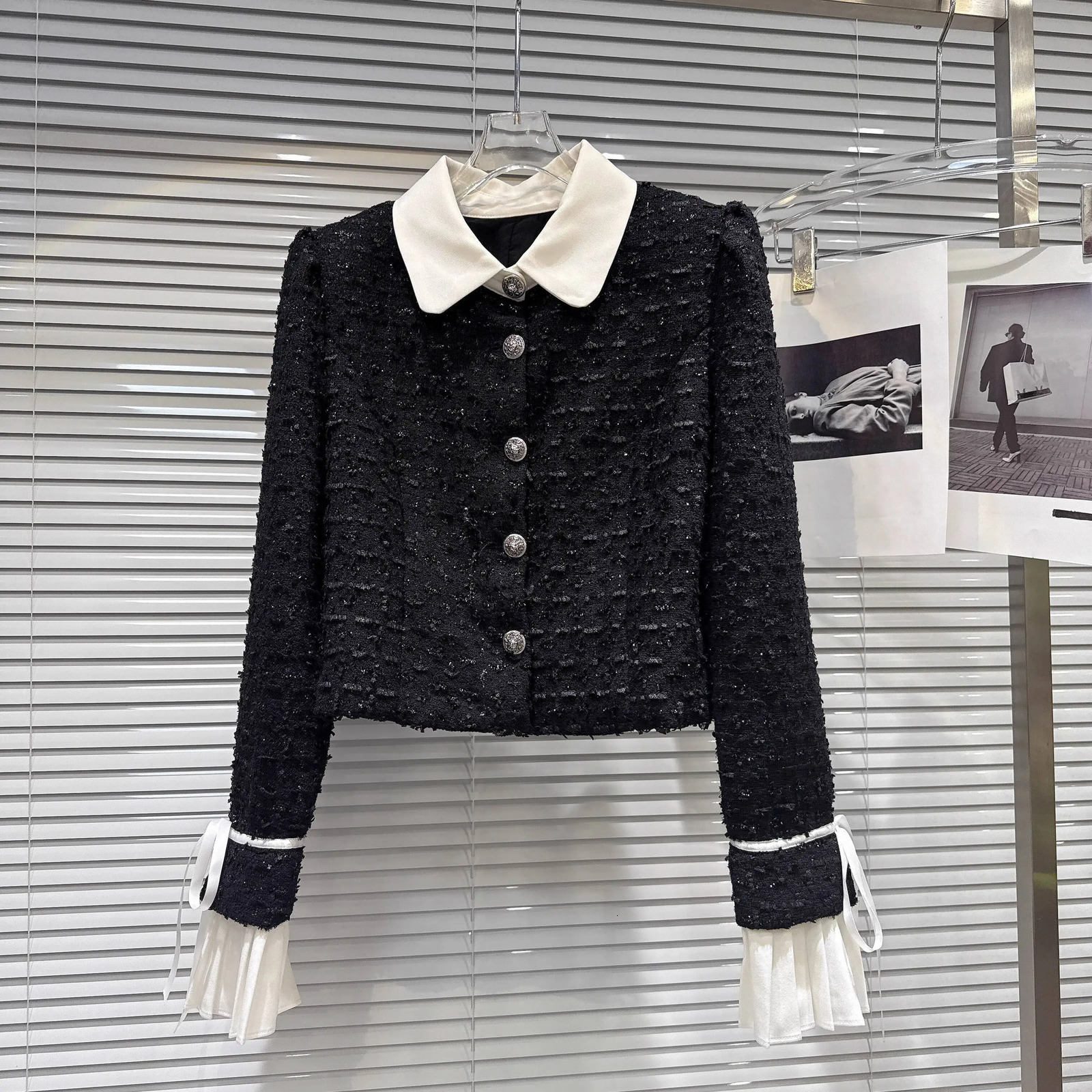 PREPOMP Autumn Contrast Color Collar Bandage Long Sleeve Short Jacket Tweed Shorts Two Piece Set Women Outfits GU939 251029