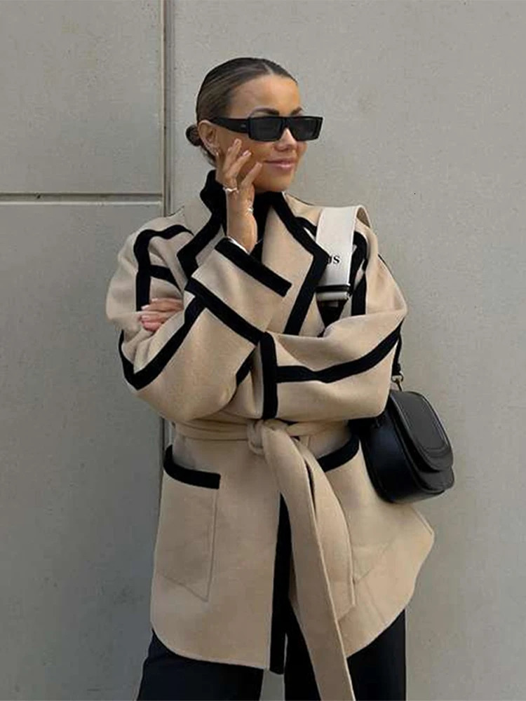 Womens Long Sleeve Thicken Woolen Coat Casual Autumn Jacket with Belt Pockets Spliced Contrast for Commuter Outwear 251029