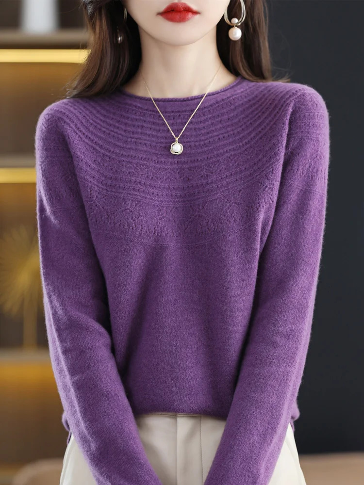 Women 100 Merino Wool Sweater Autumn Winter Pullovers ONeck Hollow Cashmere Knitwear Female Basic Bottoming Clothing Tops 251029