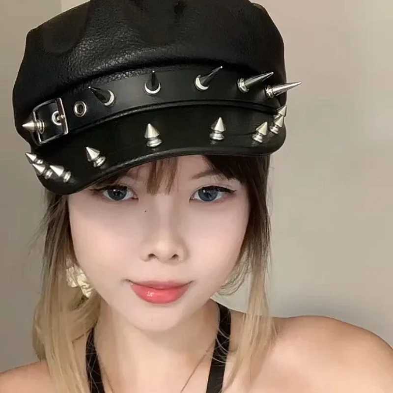 Y2K Wasteland Style Womens Trendy Leopard Rivet Beret Pu Leather Flat Top Captain Military Caps Womens Accessories Boina Mujer