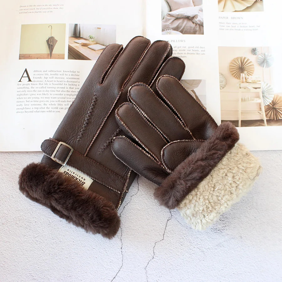 Sheepskin Fur Gloves Mens Thick Winter Warm Large Size Outdoor Windproof Cold Hand Stitching Sewn Leather Finger Gloves 251029