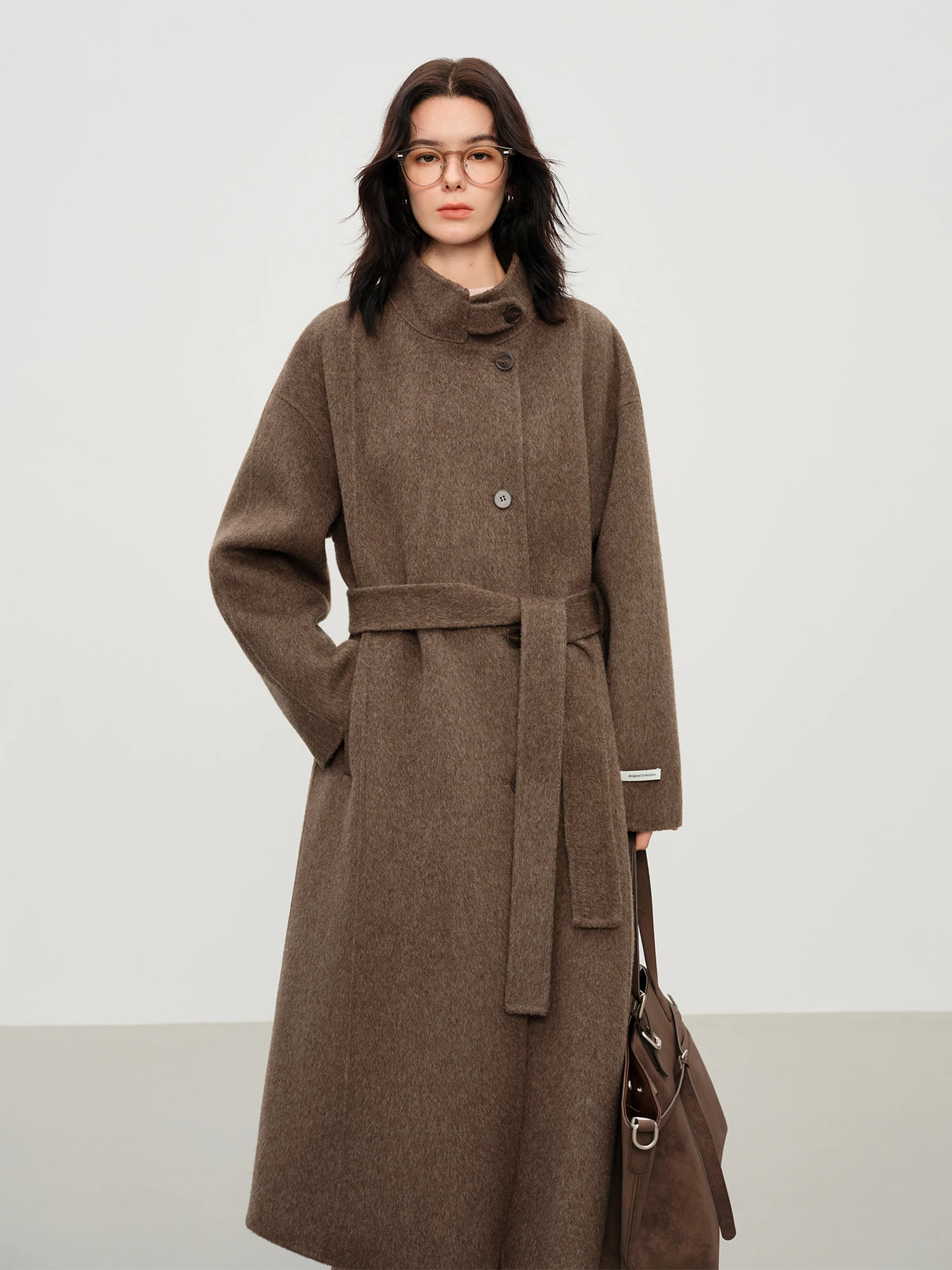 FSLE Womens Elegant Stand Collar 100 Wool DoubleFaced Long Coat DiamondShaped Tailoring Autumn Winter Outerwear 251028