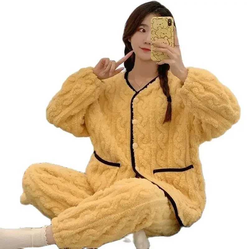 Women Pajamas Thickened Warm Coral Plush Girls Loungewear Sets Cartoon Autumn Winter Famale Sleep Clothes Flannel Homewear SuitT251029