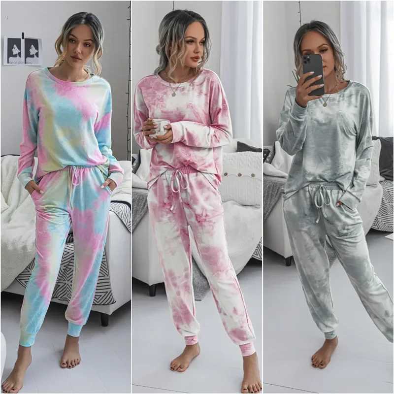 2025 Fall and Winter Womens TwoPiece Set Casual Round Neck Sportswear Ladies TieDye Printing LongSleeved Casual HomewearT251029
