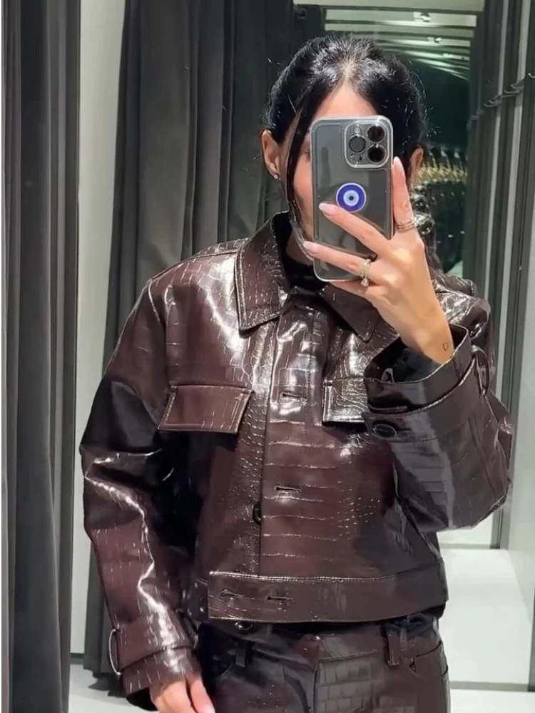 Retro PU Leather Jacket Long Pant Set Women Chic Lapel Shiny Short Jackets Straight Pants Sets Lady Autumn Classic Street Outfit 251029
