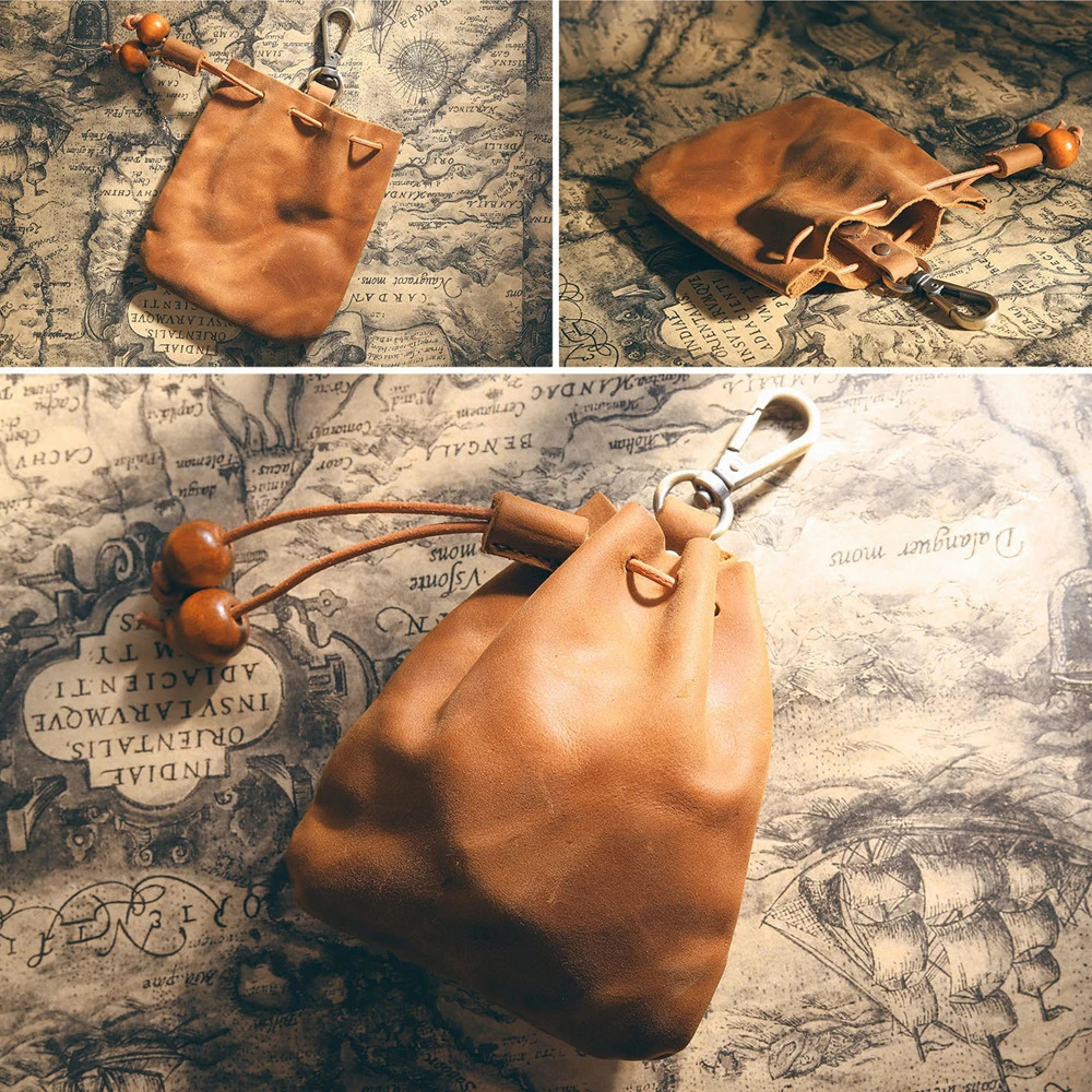 Multi Functional Genuine Leather Coin Purse Key Holder String Money Bag Waist Pouch Retro Cowhide Wallet Travel Supplies 251029