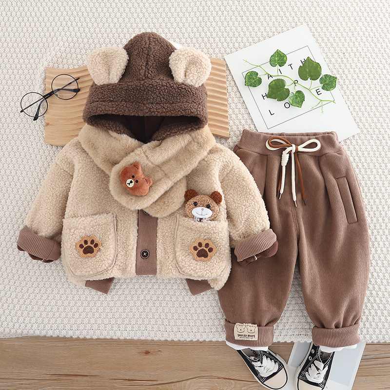 Free Shipping 2025 New Winter Clothes for Babies, Fleece Lined Bear Hooded Set with Scarf, Warm Jacket Pants for Outdoor Daily Wear