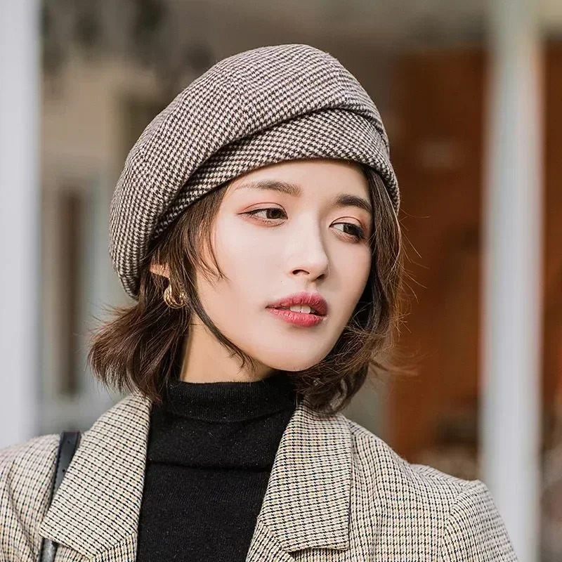 Simple Women Wool Beret for Elegant Lady Winter Female Cotton Hats Plaid Vintage Octagonal Casual Autumn Cap 251029
