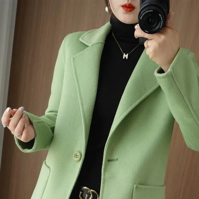 100 Pure Wool DoubleSided Cashmere Jacket Women Overcoat Autumn Winter MidLength OneButton Slim Wool Windbreakers coat 251029
