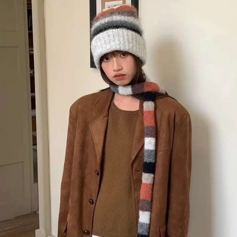 Striped Rainbow Beanies Hat Scarf Two Piece Set For WomenMen Winter Warm Skullis Hats Unisex Outdoor Coldproof SCarf Caps Set 251029