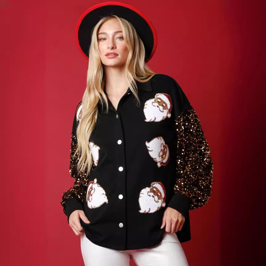 Autumn new European and American women's clothing designer Santa Claus decoration long sleeved button velvet shirt sequined sleeve women's j