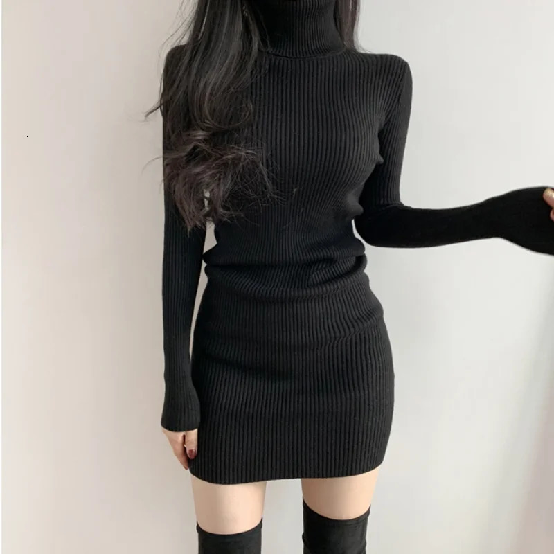 Women Autumn Winter Turtleneck Warm Bodycon Dress Long Sleeve Knit Solid Office Pullover Sexy Mini Dress for Ladies 2025 251029