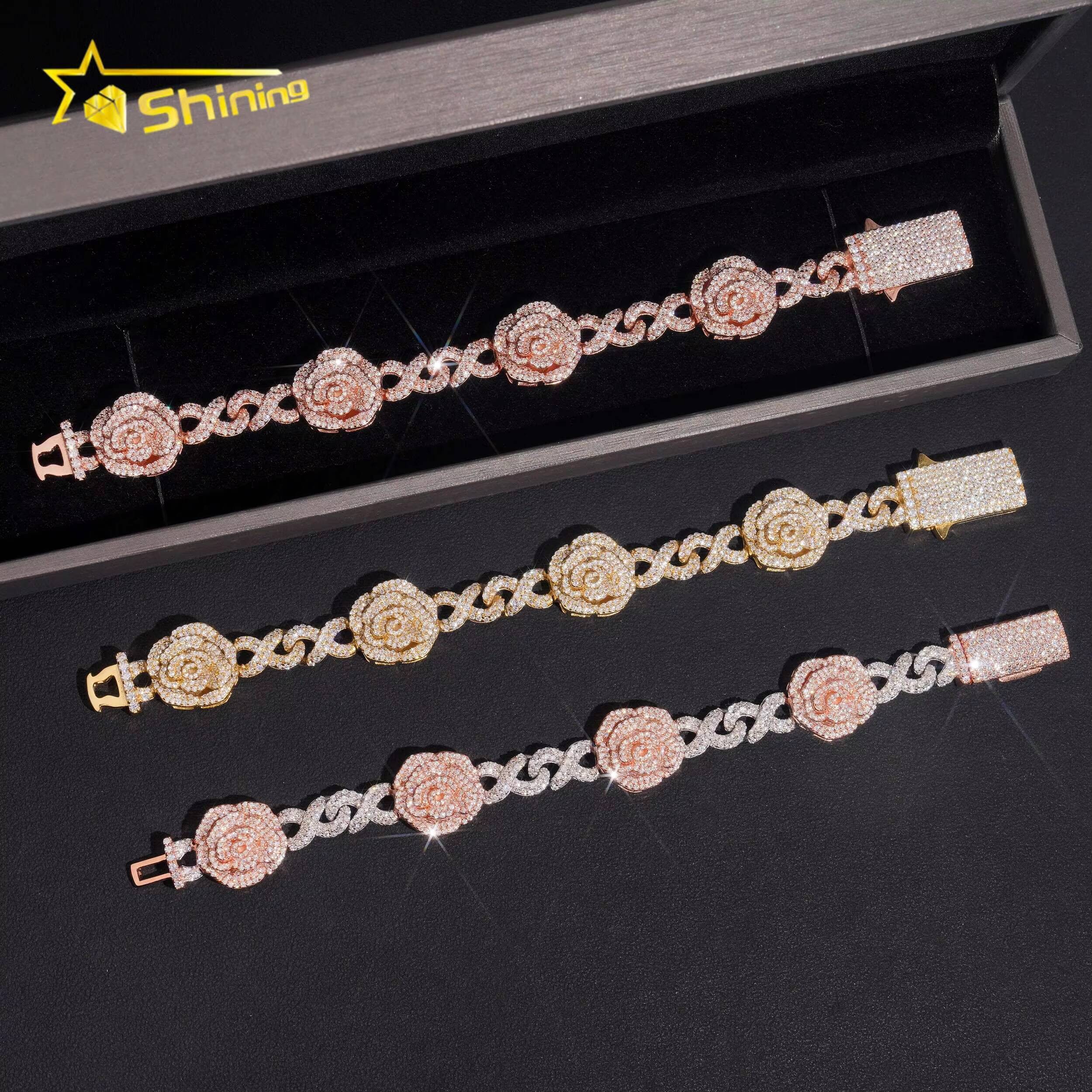 Luxury Iced Out Rose Style Moissanite Cuban Bracelet Hip Hop Custom 925 Sterling Silver Bracelet for Men Women