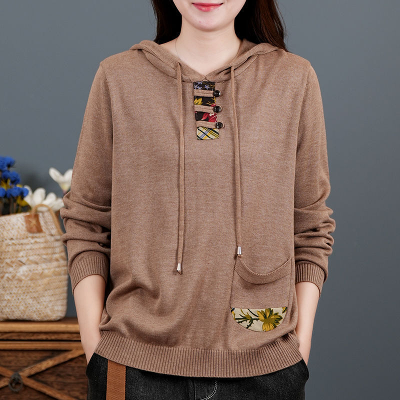 Retro designer style cotton long sleeved knitted women's sweater Spring and Autumn new hooded sweatshirt Fashion slim fit sweater