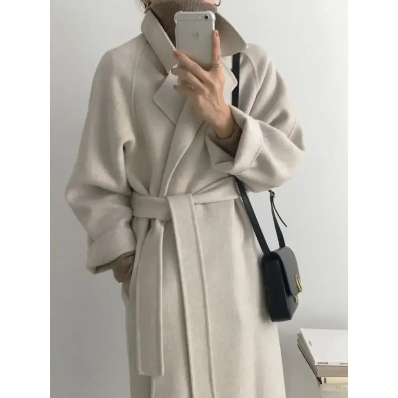 Elegant Woolen Coat Womens Autumn Winter Mid Length Adjustable Waist Thick Casual Long Sleeve Fashion Wool Coats Female 251028