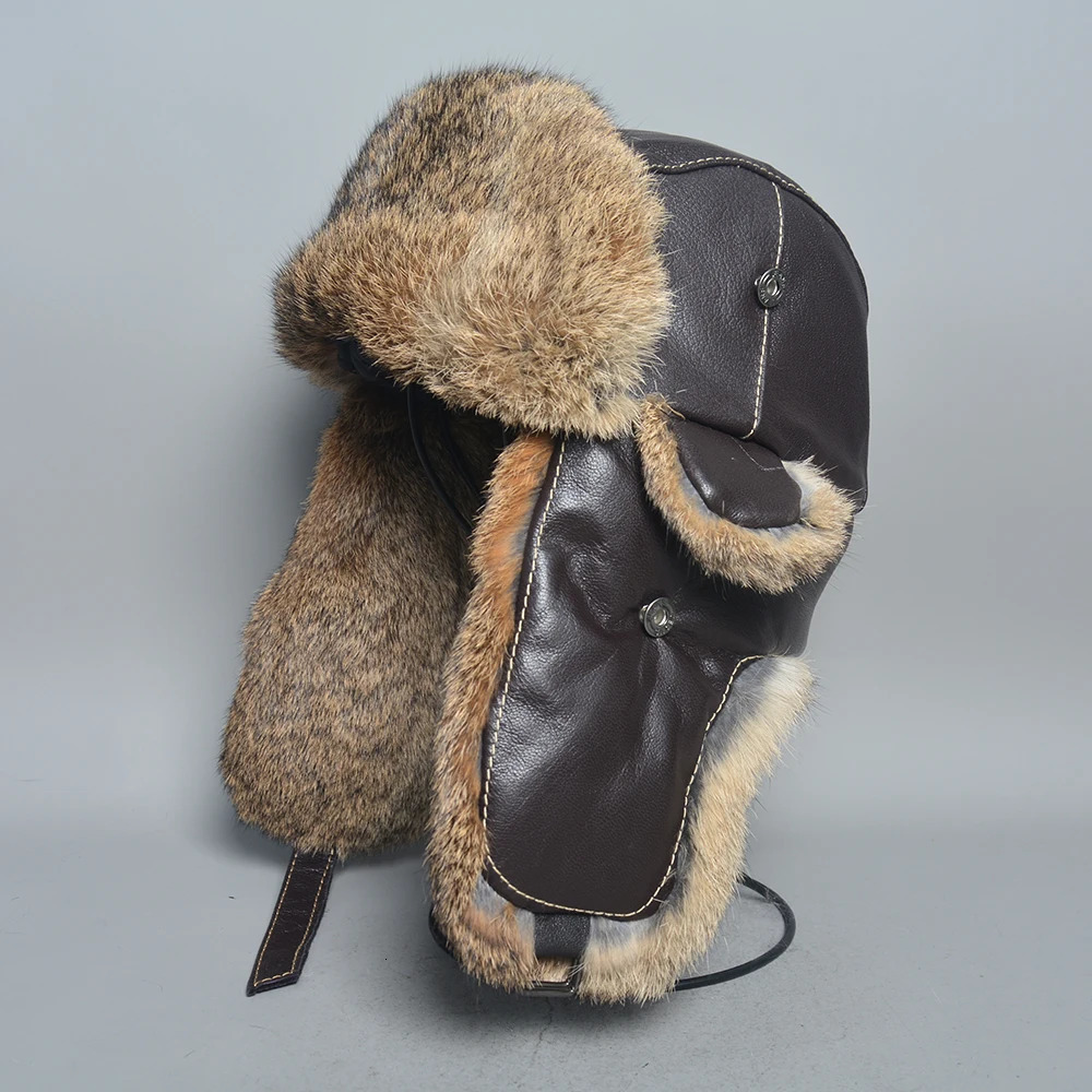 Winter Men 100 Natural Rabbit Fur Bomber Hat Genuine Sheepskin Leather Cap Men Outdoor Windproof Super Warm Rabbit Fur Caps 251029