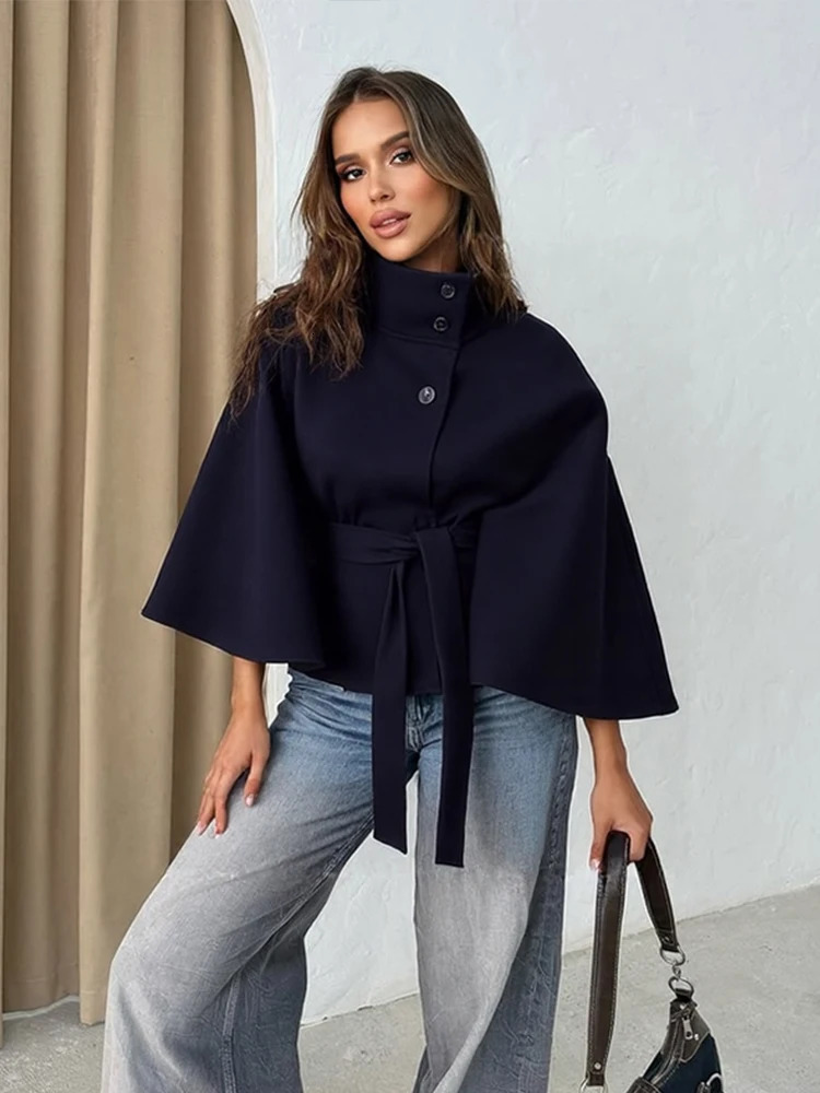 Womens Poncho Coats Vintage Stand Collar Belt Three Button Lace Up Full Sleeve Overcoat Female 2025 Autumn Lady Streetwears 251029