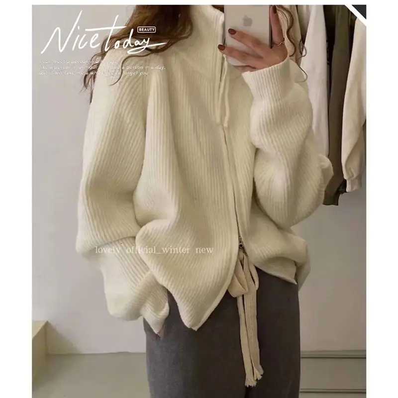 Lapel Double Zipper Sweater for Women in Spring and Autumn New Lazy Style Sweater Cardigan Stand Collar JacketT251028