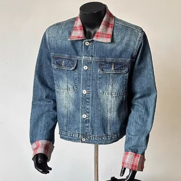 American Style Plaid Color-block Collar Denim Jacket For Men National Trend High Street Design With Shoulder Pads Cool Short Designer Jacket Turndown 