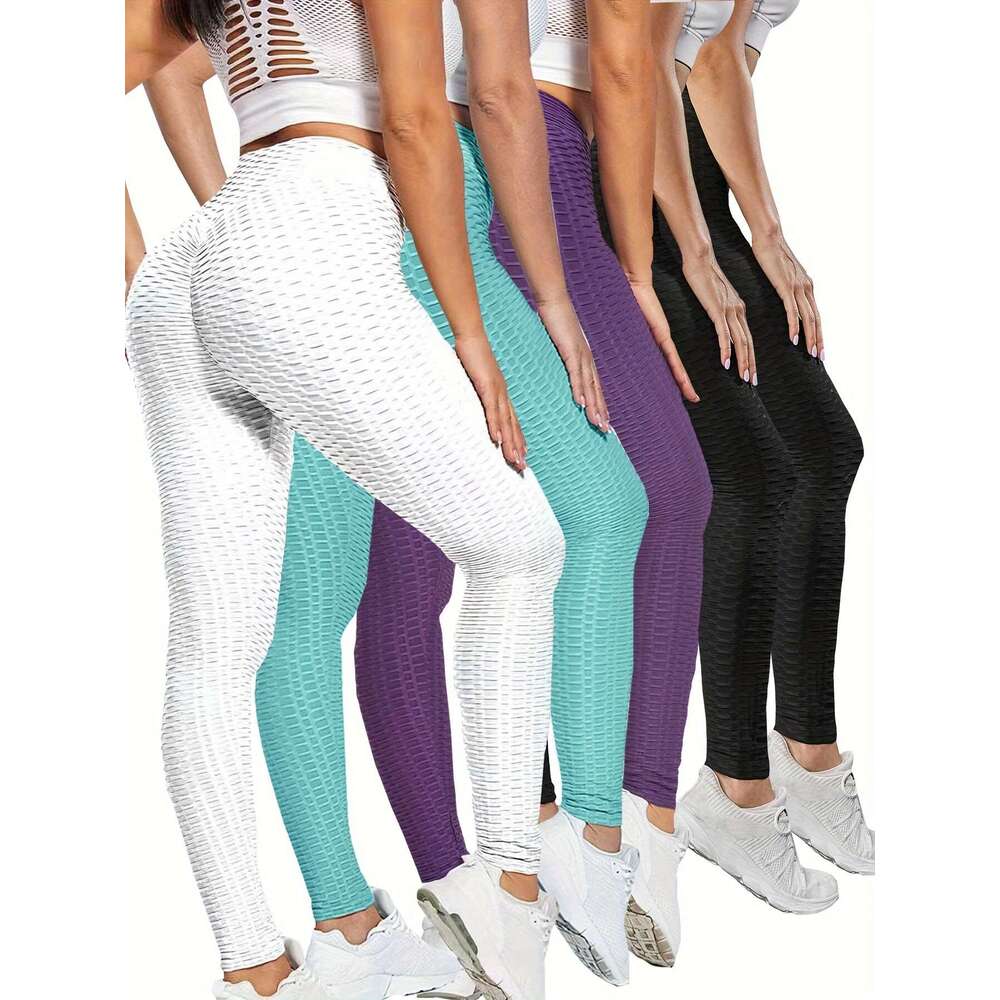 5pcs High Waist Honeycomb Sports Running Leggings, Women's Fiess Yoga Tight Pants Activewear