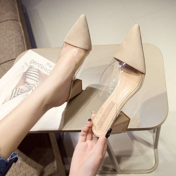 Designer Shoe Autumn Internet Celebrity Transparent Pointed Chunky Heel High Heels Ins Closed Toe Half Slippers Lazy Shoes Women