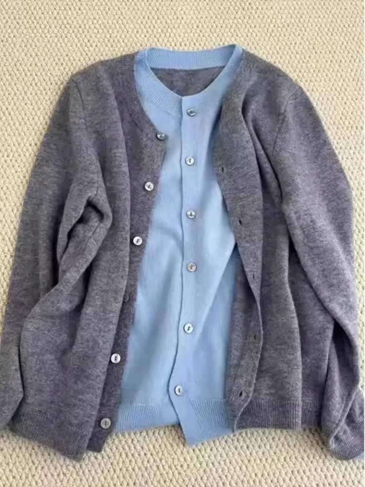 Korean Splice Knitted Cardigan Round Neck Sweater Womens Inner Wear Base Knitwear Shirt Autumn Winter Matching TopT251028