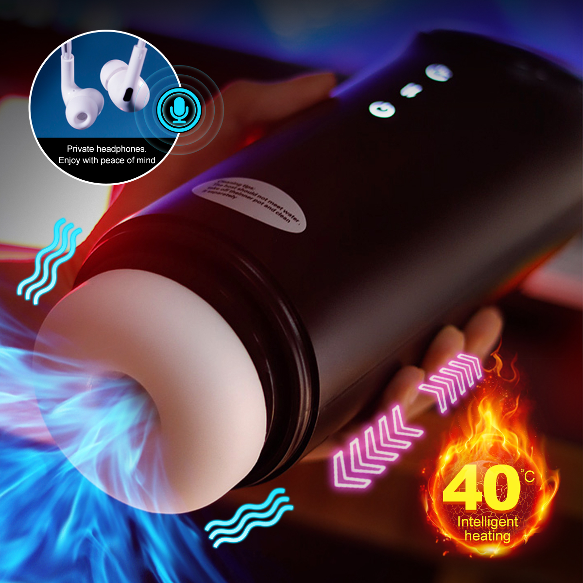 Male Masturbator Stroker Cup - 4 Thrusting, 4 Suction, 9 Vibration, Heating & Voice, Silicone/ABS/TPE, Type-C, Black/White, less than 60dB Quiet Adult