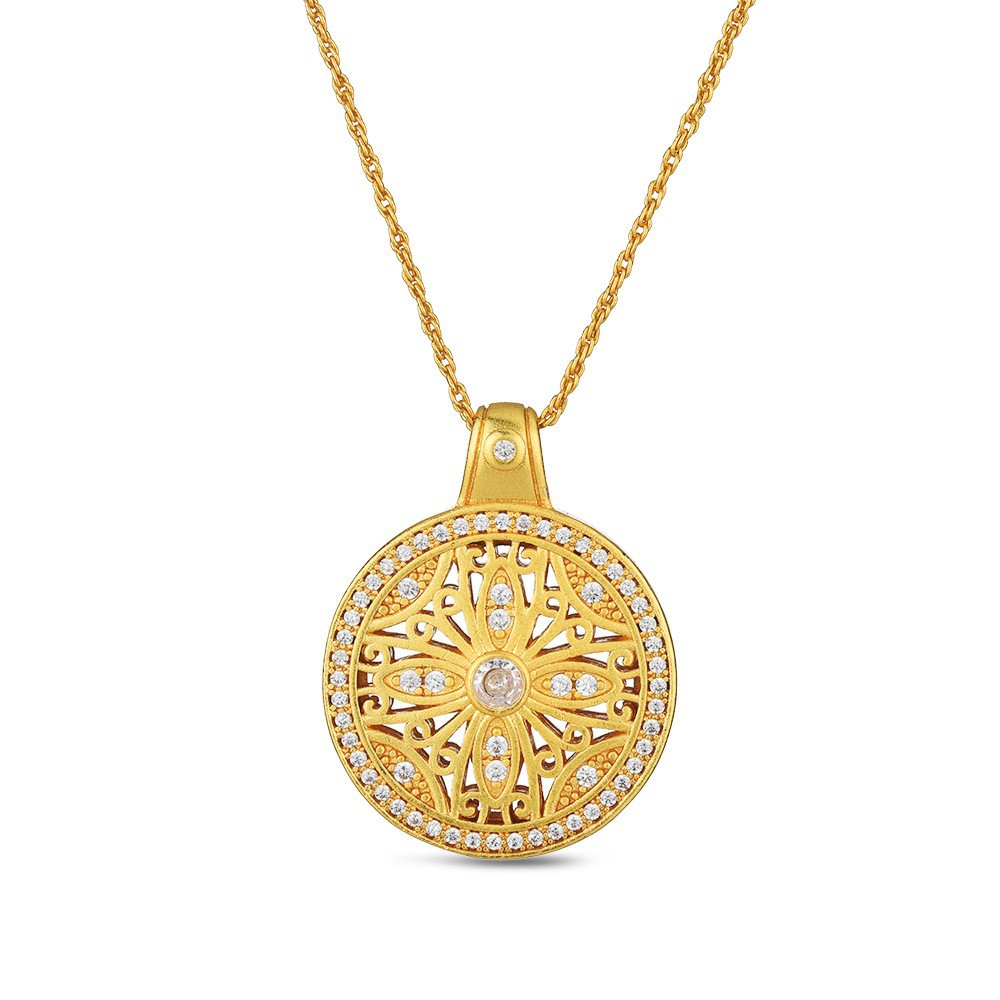 TaiYang New Gold Plated Copper Ancient Gold Sunflower Necklace, Double-Sided Full Pave Compass Pendant with Vintage Finish for Women