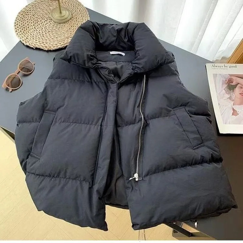 Women Winter Warm Thicken Padded Vest Fashion Zipper Loose Waistcoat Female Casual Stand Collar Solid Sleeveless Overcoats 251029