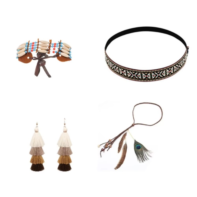 4 perfect Indian sets: headwear, tassel earrings and beaded necklaces, bracelets for stage performances and festival gifts