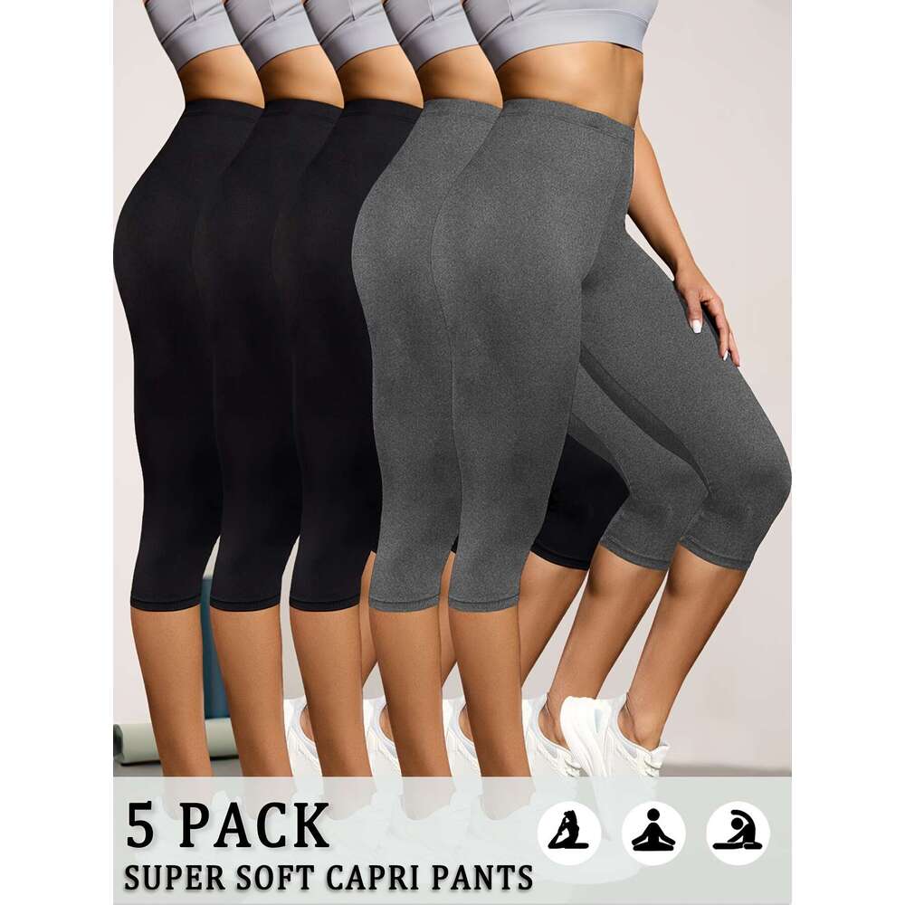 5pcs Women'S Super Soft Capri Pants, Solid Color High Stretch Athletic Leggings for Workout, Running, Yoga - Breathable & Comfortable Spring/Summ