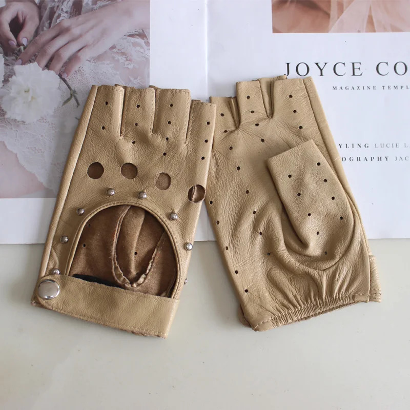 Womens Sheepskin Half Finger Gloves Thin Style Unlined Rivet Colored Genuine Leather Driving 251013