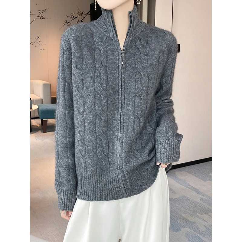New Womens 100 Merino Wool Hoodie Knitted Thick Edition Autumn Winter Comfortable Skin friendly Zipper High Neck Solid ColorT251028