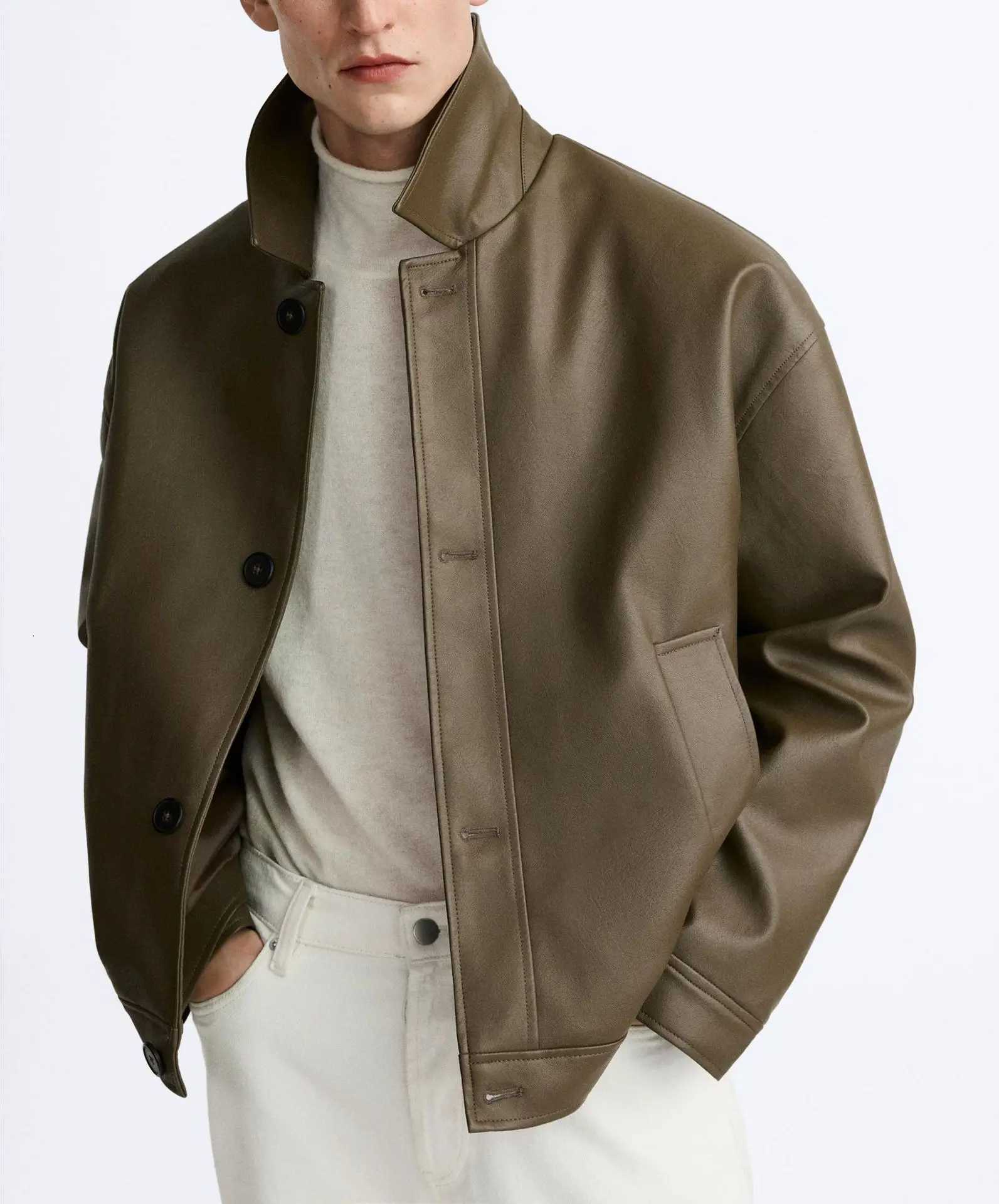 Mens Spring and Autumn New Fashion Casual Imitation Leather Lapel Jacket Solid Color Single Breasted Loose PU Leather JacketT251029