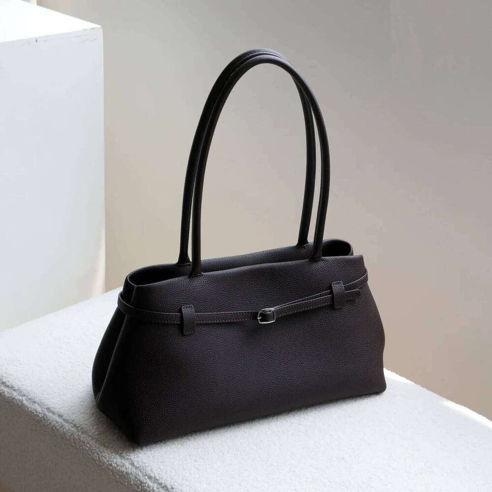 Top Layer Cowhide Lychee Pattern Women's Niche Design Belt Decorative Handbag Simple Large Capacity Single-Shoulder Tote Bag Suotong1029