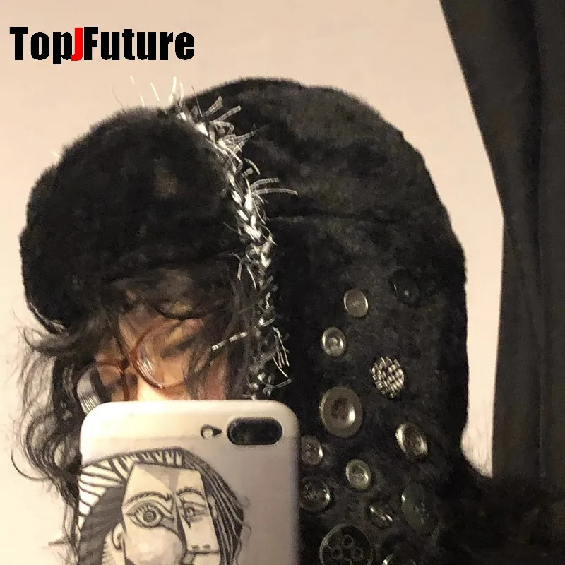 Gothic Lolita Y2k Girls Womens Subculture Punk rivet Metallic Spike Warm plush fluffy Harajuku Winter Warmer Beanie Hat 251029