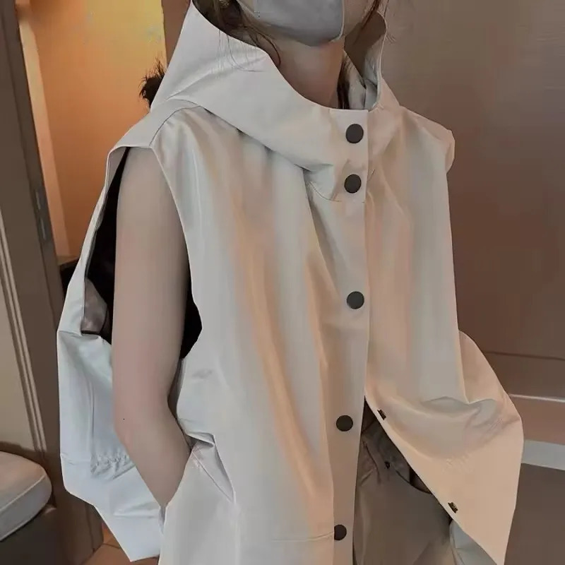 Women Hooded Vests Coats Single Breasted Loose Casual Tops Spring Autumn Korean Simple Allmatch Breathable Waistcoat 251029