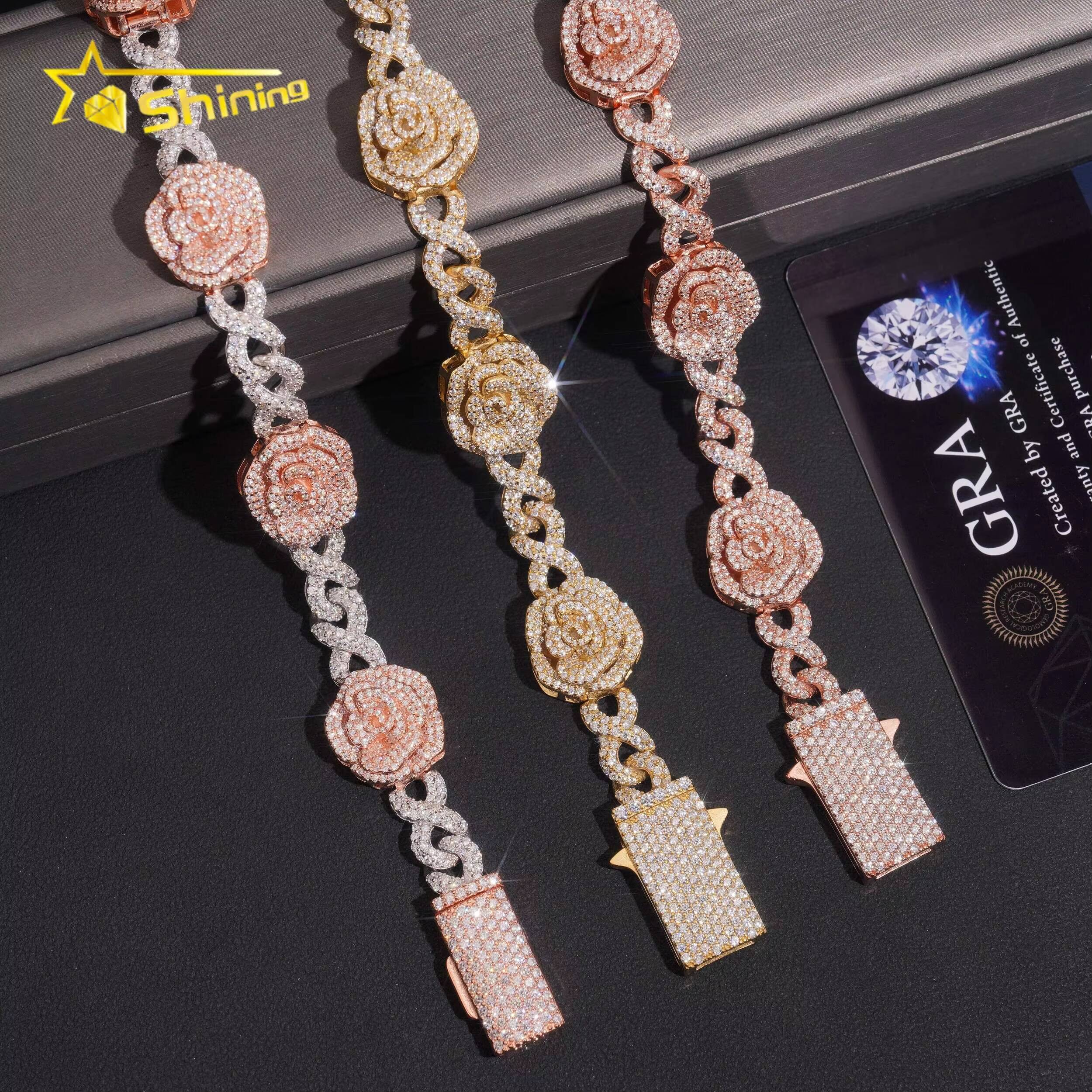 Luxury Iced Out Rose Style Moissanite Cuban Bracelet Hip Hop Custom 925 Sterling Silver Bracelet for Men Women