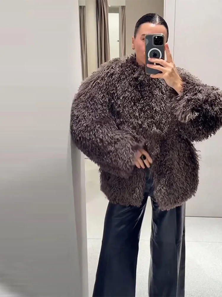 Fashion Brown Faux Fur Coat Women Chic Autumn Winter Warm Fluffy Full Sleeve Oneck Jacket Casual Thciken Overcoat Lady 251028