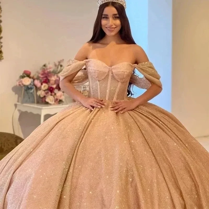 Rose Gold Shiny Ball Gown Quinceanera Dresses Off The Shoulder Beaded Tull Party Birthday Sweet 16 Dress Vestidos De 15 Anos