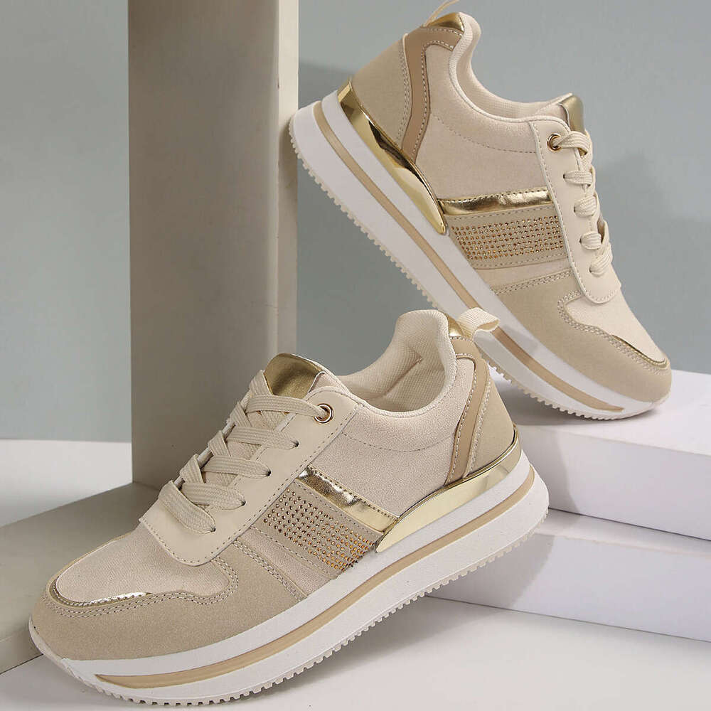 Women's 2025 New Style Retro Designer Shoe Champagne Gold Patchwork Shiny Rhinestone Breathable Height Increasing Slimming Trendy Sports Casual S