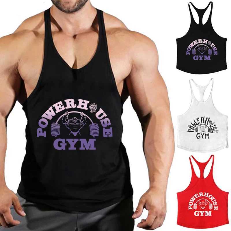 POWERHOUSE GYM Print Stringer Tank Tops for Men Cotton Athletic YBack Vest Gym Workout Bodybuilding Sleeveless TShirts Tees W251029
