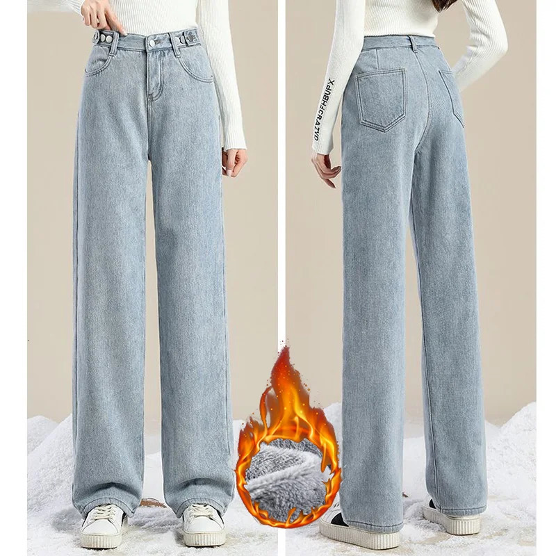 Winter s Plush Thermal High Waist Solid Jeans Lady Fleece Snow Warm Denim Pants Women Baggy Straight Leg Daily Trousers 251029