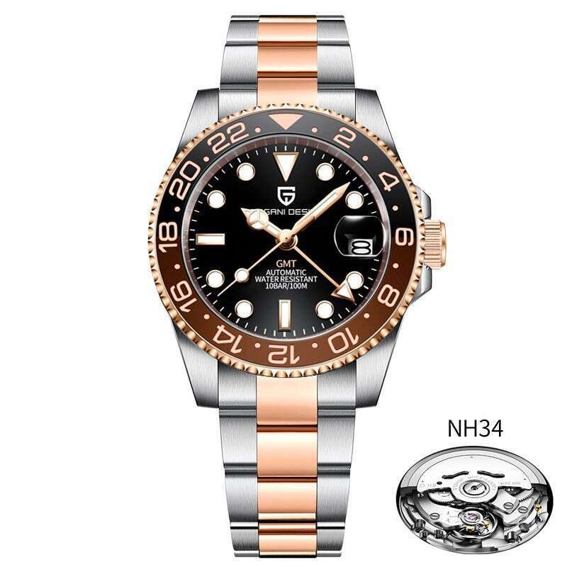 New GMT Full Luminous Men's Fully Automatic Mechanical Watch Stainless Steel Calendar Movement NH34A Wristwatch