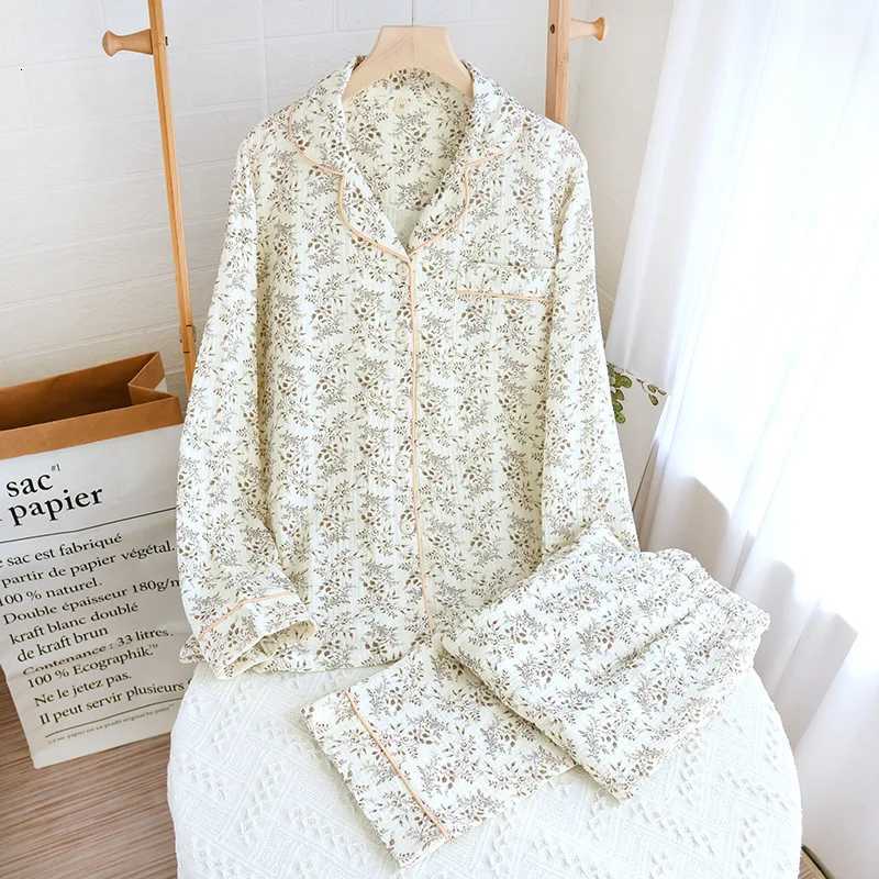 Autumn Long Sleeve Cotton Double Gauze Pajamas for Women Loose and Casual Plus Size Loungewear Lapel Flower Print SleepwearT251029