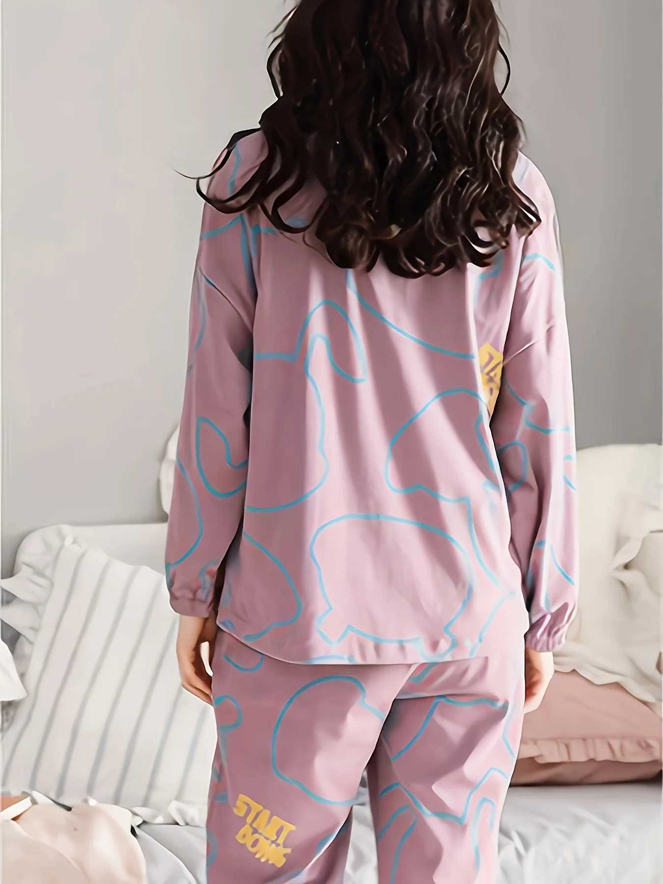 Womens AutumnWinter Pajama Set Long Sleeve Long Pants with Crew Neck Pullover TopT251029