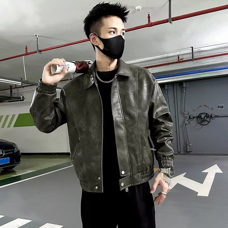 American Style Men's Leather Jacket Designer Jacket Spring Autumn Fashion Trendy Brand Cool Versatile Turn-down Collar Jacket New Men's Shor